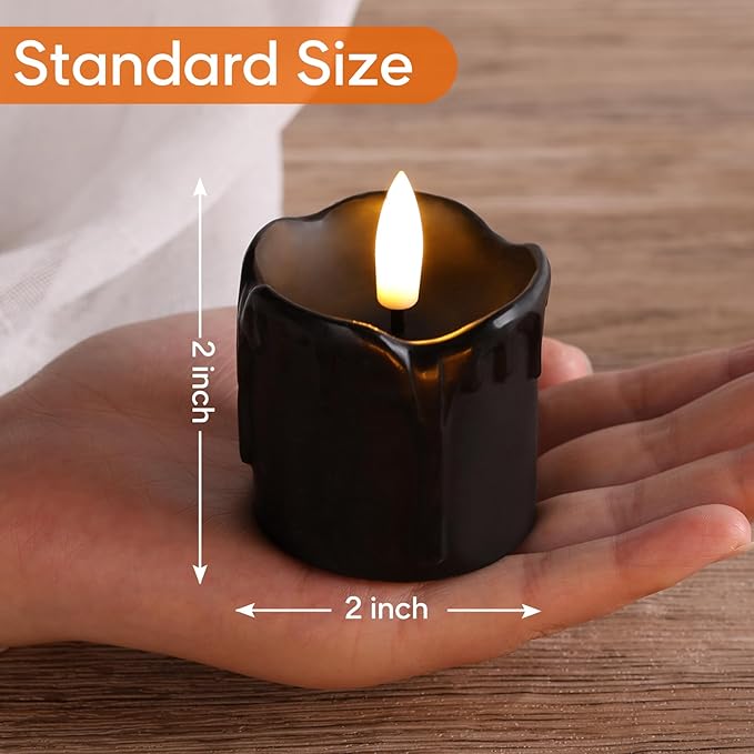 Eywamage Black Dripping Wax Flameless Votive Candles with Timer Batteries, Flickering 2x2 inch Small LED Candles Set of 6