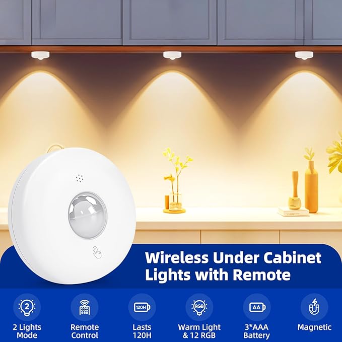 LED Puck Lights with Remote Control, 13 Colors Battery Operated Tap Lights, Dimmer& Timer Magnetic Under Cabinet Light, Wireless Stick on Light for Closet, Bedroom, Kitchen White 3Pcs