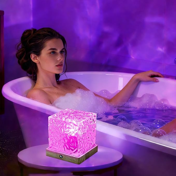 LETOUR Spa Like Shower Lamp,Rechargeable Shower Light 16 Color Changeable Ocean Wave Projector Lamp, Dimmable Waterproof Shower Lamp with Remote, Rotating Cube Water Ripple Lamp for Bath