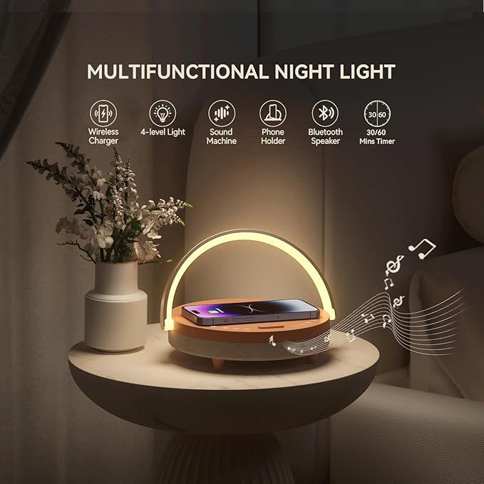 Vivilumens Birthday Gifts for Women 6 in 1 Bedside Lamps with Wireless Charger Bluetooth Speaker White Noise Machine Timer Setting Dimmable Touch Personalized Night Light with Phone Holder(Pink