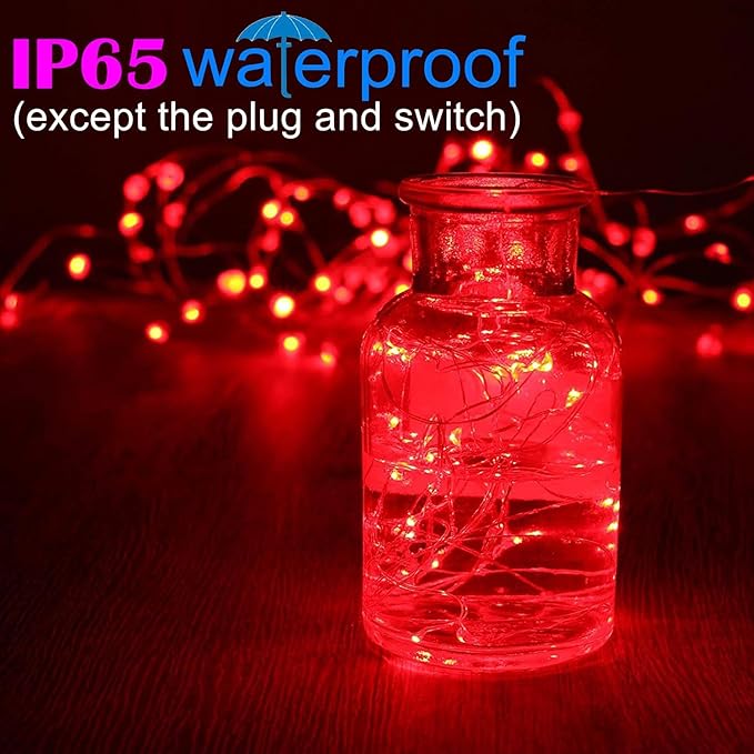 RUICHEN Plug in Fairy String Lights with Switch, Waterproof 66 Ft 200 LED Copper Wire Firefly Lights for Christmas, Parties, Wedding, Ceiling, Craft, Vases, Red