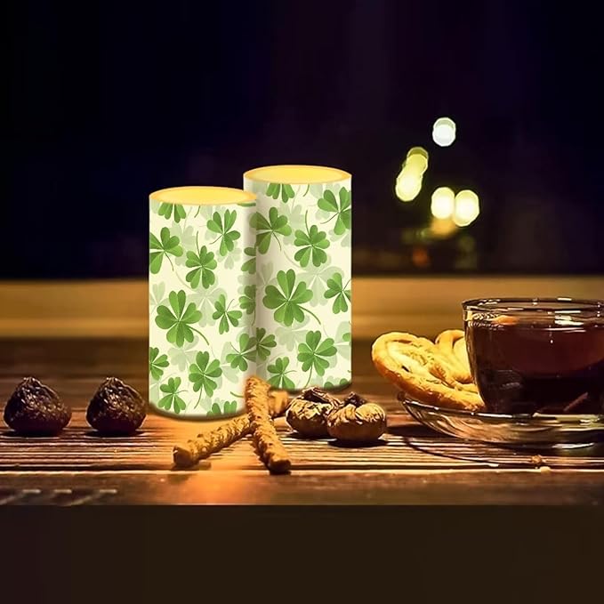 St Patricks Day Candles Battery Operated Flameless Candles with Remote Fall Decorations LED Fake Candles for Home Bedroom Irish Lucky Day Leaves Table Decor 3 inch Set of 2