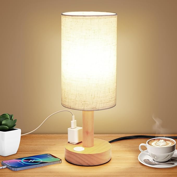 Small Bedside Table Lamp with AC Outlet, Natural Wood Base & Linen Shade, Mini Cute Cozy Warm White Nightstand Boho Lamp, Study Desk Night Stand Light for Bedroom, Kitchen, Nursery, Living Room