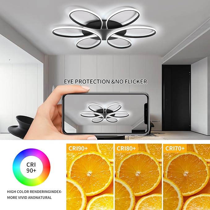 Modern LED Ceiling Light Fixture Black Flush Mount Ceiling Lamp with Remote Control Dimmable 6 Rings Flower Shaped Ideal for Living Room Bedroom Dining Room Kitchen(95CM/37.4IN)