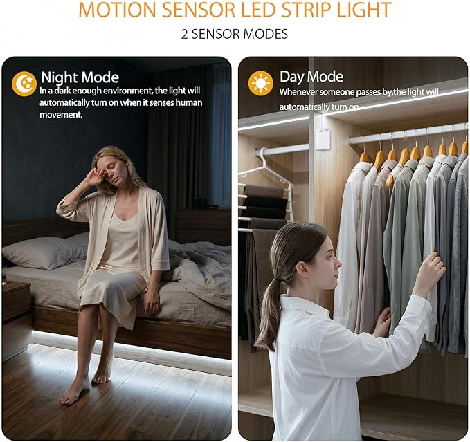 OMIKA COB Rechargeable LED Strip Light, 6.56ft 640LEDs 6000K Cool White Battery Powered LED Strip Light, Closet Lights Motion Sensored, Under Cabinet Lights for Bed, Locker, Wardrobe, Shelves