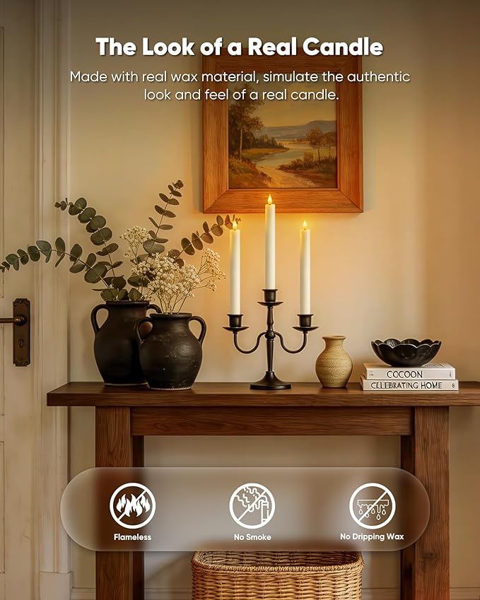 Homemory 6 Pcs Wax Flameless Taper Candles with Remote Timer and Dimmer, White Candle Sticks Battery Operated, LED Window Candles with Flickering Light, 9.6 Inches for Wedding Home Indoor Decoration