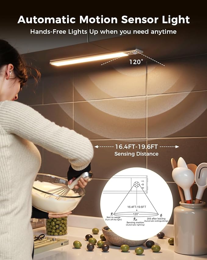 2 Pack 11.8" Motion Sensor Cabinet Light, Under Cabinet Lighting with 4 Modes (Auto Night/Day/Always On/Off), 3 CCT & Stepless Dimming, USB Type-C Charging, for Kitchen, Stairs