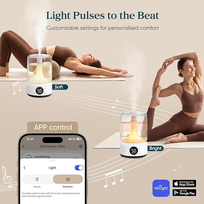LEVOIT Smart Humidifiers for Bedroom, 4.2L Top Fill for Large Room with 42H Runtime, Dishwasher Safe Easy to Clean, 21dB Cool Mist for Baby, Plants, APP/Voice Control, Scene Mode With Light & Music