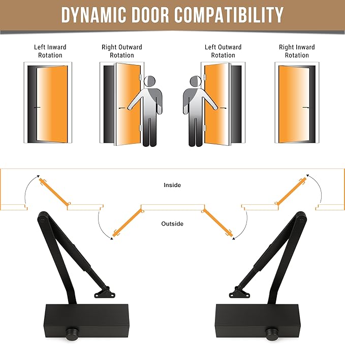 Commercial Door Closer Heavy Duty - Door Automatic Closer Adjustable Spring Size 2-4 - Automatic Door Closers for Home and Commercial Entrances - Non Handed - Fit Doors up to 220 LBS, Aluminum, Black