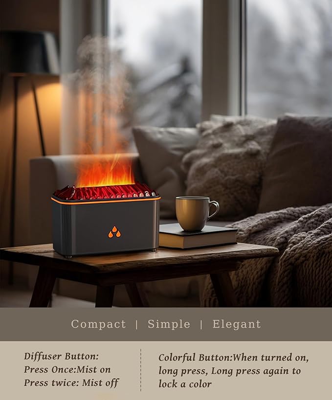 Essential Oil Diffuser, Flame Air Aromatherapy Diffuser, 7 Color Changing Light, Aromatherapy Humidifier with Auto Shut-Off for Home, Bedroom, Yoga, Spa(Black)