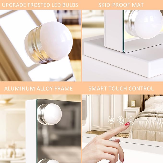 Vanity Mirror with Lights Lighted Makeup Mirror with 15 Dimmable LED Bulbs,3 Color Lighting Modes,USB Charging Port Touch Control,Sturdy Metal Frame Design 24x18 Inch,White