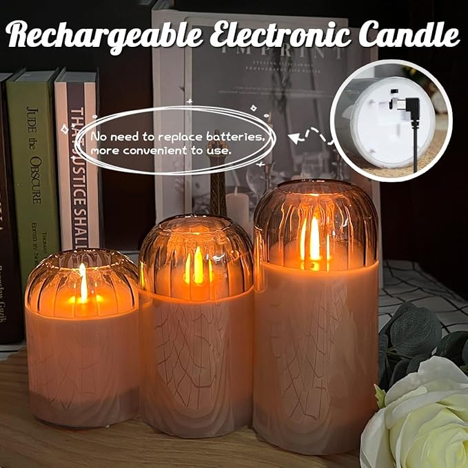 3Pcs LED Candle Set Rechargeable with Remote Control,Grey Glass Flameless Candles,Candle Lights for Home Decor, Bedroom, Bathroom Accessories，Pumpkin Fake Candles for Halloween