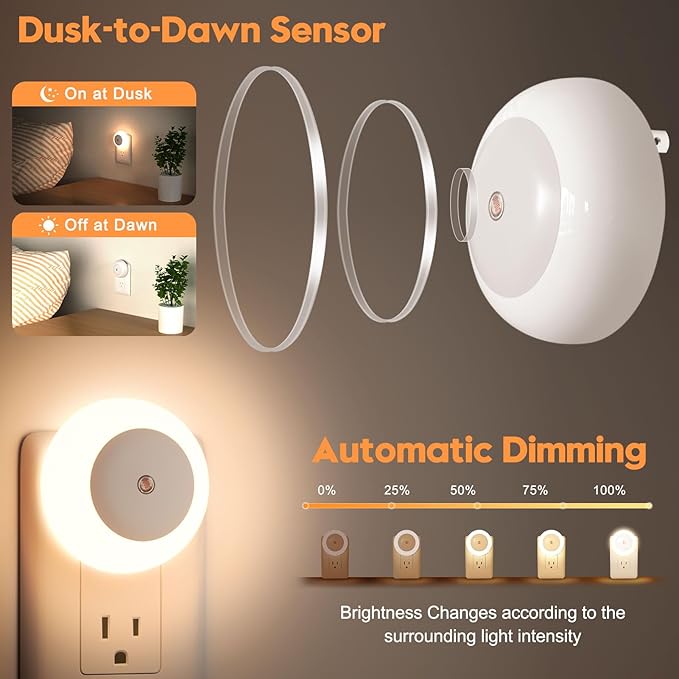 Night Light, Night Lights Plug into Wall, Dusk to Dawn Sensor Warm White Led Night Light 0.5W, 2 Pack Nightlight for Adults, Bedroom, Bathroom, Hallway, Kitchen