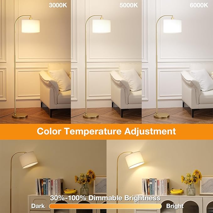 Ambimall Arc Floor Lamp with Remote and Stepless Dimmable Bulb, Colors Temperature & Brightness Adjustable, Gold Floor Lamps for Living Room（Deep Beige Shade & Gold Pole）