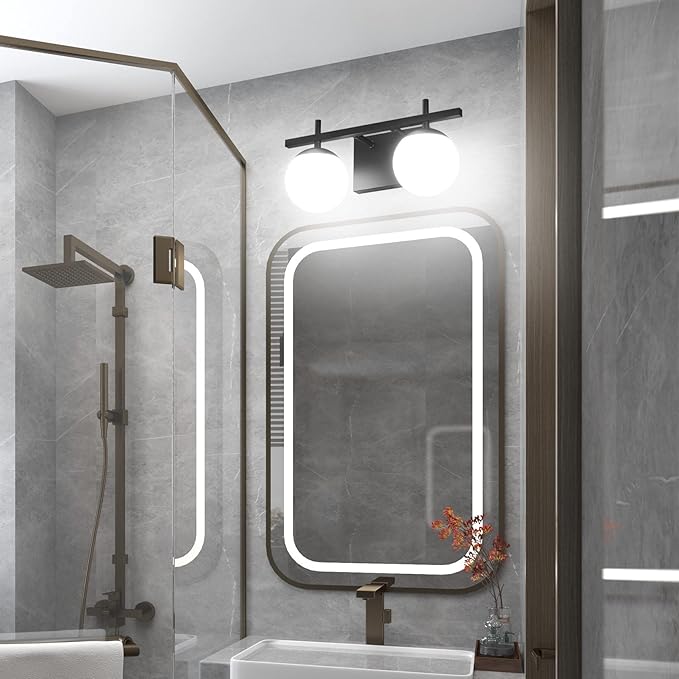 Ralbay Matte Black Bathroom Light Fitures 2-Light Mid Century Modern Bathroom Light Fixture Matte Black Milky Glass Ball Wall Light Black 2 Light