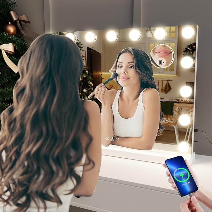 Vanity Mirror with Lights Lighted Makeup Mirror with 15 Dimmable LED Bulbs,3 Color Lighting Modes,USB Charging Port Touch Control,Sturdy Metal Frame Design 24x18 Inch,White