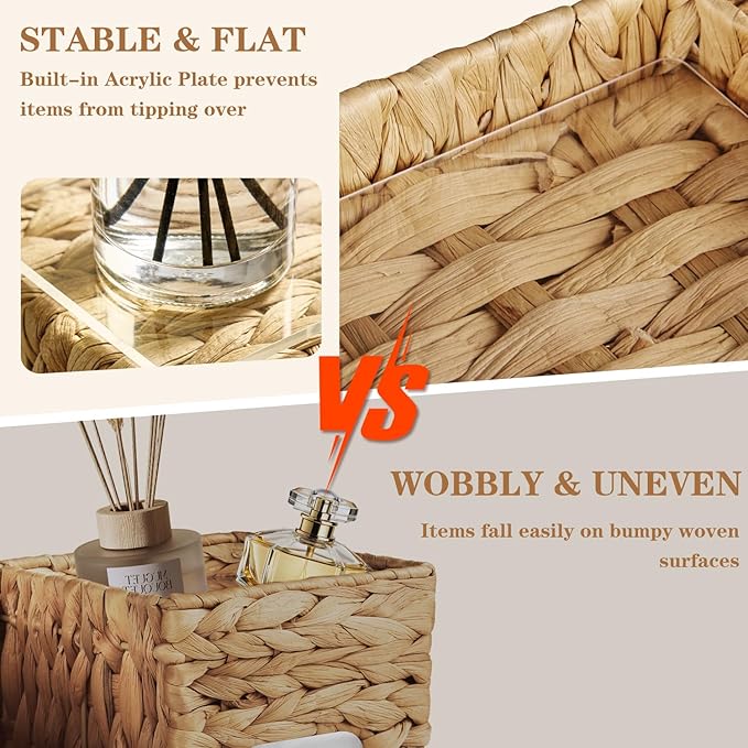 BIBELUN Tissue Box Cover Square with Storage Tray, Multifunction Water Hyacinth Tissue Cube Box Holder, Farmhouse Wicker Remote Control Nightstand Organizer Caddy for Bathroom, Home, Office Decor