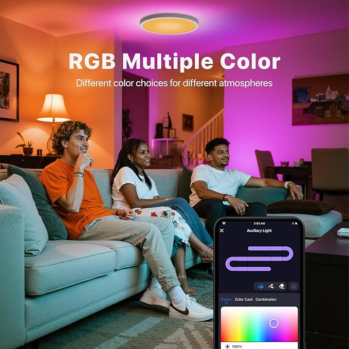 Smart LED Ceiling Light Flush Mount,12inch RGB Ceiling Light Fixture with Remote Control,Dimmable 3000K-6500K,Night Light 2000K,Memory Function,Compatible with Alexa,Google,Tuya