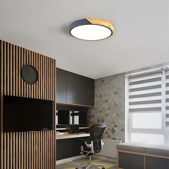 Vikaey Modern LED Ceiling Light, Minimalist Wood Flush Mount Ceiling Light Fixture, 4000K Not Dimmable, Circle Lighting Lamp with Acrylic Lampshade for Bedroom Dining Room Laundry (Grey, 11.8'')