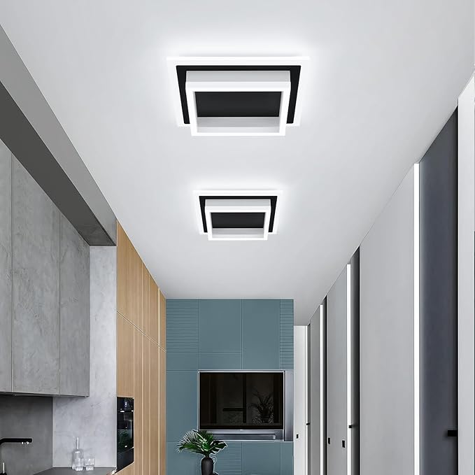 32W Modern LED Ceiling Light, Small Flush Mount Light Fixture, 6000K Cold White Ceiling Lamp, Square Hallway Lighting Fixtures for Living Room Bedroom Bathroom Kitchen (Black, Cold White)