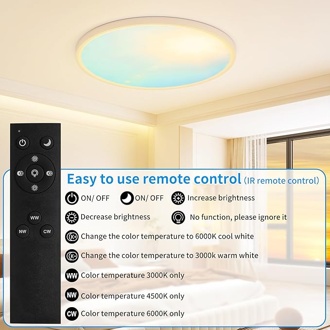 16 Inch Flush Mount Ceiling Light Fixture,24W Dimmable Ceiling Light with Remote, 3000K/4500K/6000K Adjustable White Ceiling Lights, Blue Sky LED Round Flat Panel Light for Kitchen, Bedroom
