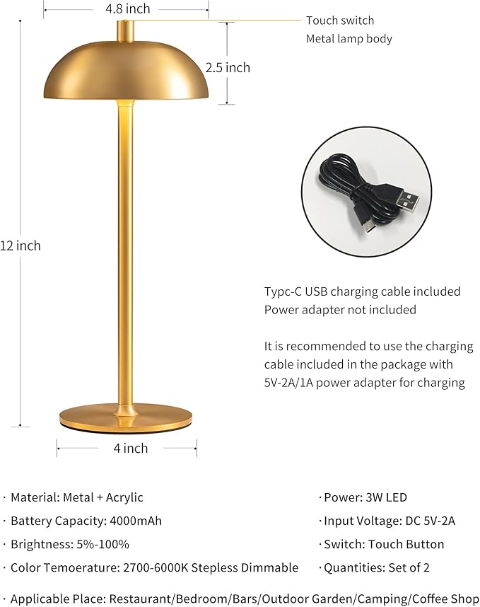 Cordless LED 12" Small Table Lamps Set of 2, Modern Portable Desk Lamp, 3 Color Dimming Rechargeable Battery Lights, for Bedroom, Outdoor, Restaurant, Bedside, Baby Night Light, Gifts (Gold)