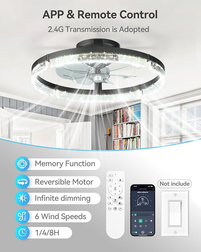 addlon Ceiling Fans with Lights and Remote, 20'' Low Profile Ceiling Fans, 3000-6000K Dimmable Modern Flush Mount LED Fan Light, Fandelier Ceiling Fan for Bedroom, Kitchen, Living Room, Black
