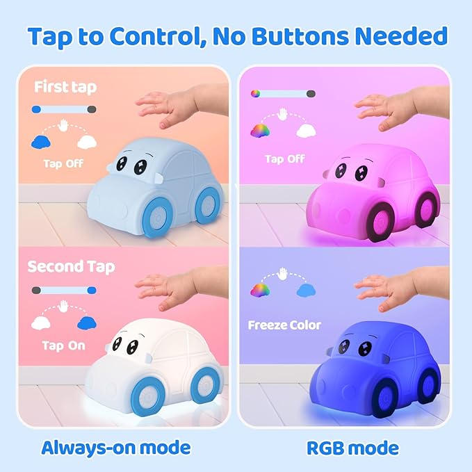 Cute Baby Toddler Car Kids Night Light for Kids, Dimmable+1800mAh Rechargeable+Timer+Portable+Silicone+Squishy, Touch Breastfeeding Bedside Night Lamp, Funny Girls Boy Gifts