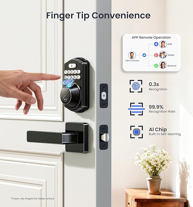 Veise VE012W-L Built-in Wi-Fi Fingerprint Smart Lock with Lever Handle Set, App Remote Control, Keyless Entry for Front Door, Deadbolt Digital Backlit Keypad, Voice Assistant, Auto Lock, Matte Black