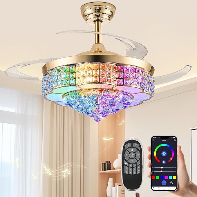 48" RGB Bluetooth Fandelier Ceiling Fan, Crystal LED Chandelier, Retractable Blades 6-Speed Music Player Remote APP Control for Bedroom Glod