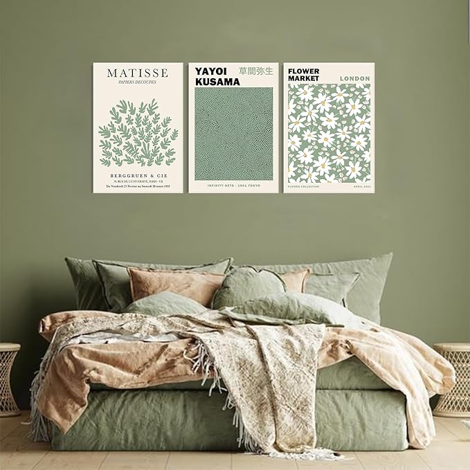 Sage Green Wall Art Framed Set of 3,Abstract Green Wall Decor Flower Market Wall Art Prints,Green Matisse Wall Art Minimalist Modern Wall Decor Living Room,Beige Green Boho Botanical Wall Art for Bedroom Bathroom-"12"x"16"
