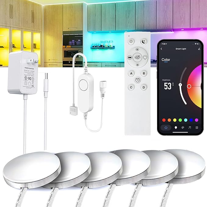 6 Pack Smart Under Cabinet Lights, WiFi RGB LED Strip with Alexa & Google Assistant, App & Remote Control, Dimmable, Music Sync, Timer for Kitchen, Bedroom, Counter Lighting
