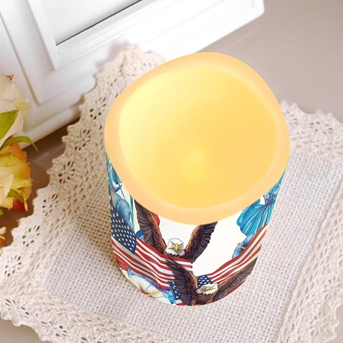 USA Flag Flameless Candles Bald Eagle Tropical Flowers Flameless Candle with Remote Timers for Lights Patriotic Independence Day Lamp for Home Dinner Table Garden Tea Party, 4 Pack