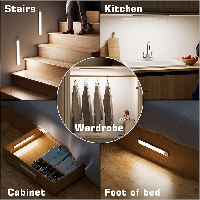 Under Cabinet Lights, Closet Wireless LED Motion Sensor Light Indoor, 2000mAh Rechargeable Magnetic Strip Counter Lights for Kitchen, 2 Mode Battery Operated Wall Pack, White