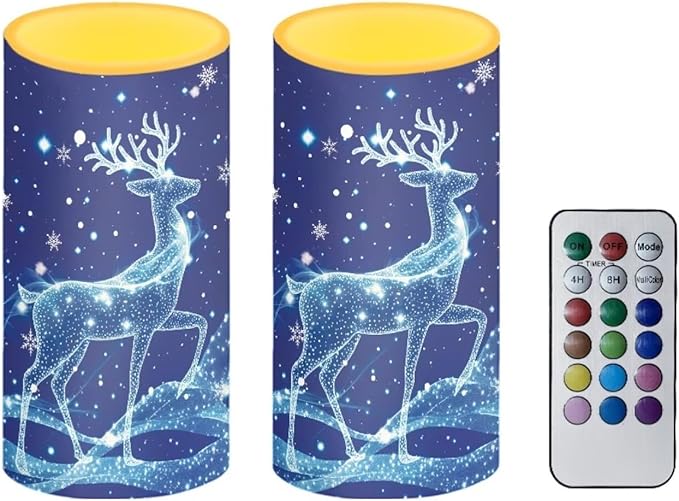 Christmas Bedroom Decor LED Candles with Remote Deer Patterns Flameless Pillar Candles Battery Operated with 18-Key Remote Timer for Home Indoor Room Decor Xmas Table Decorations
