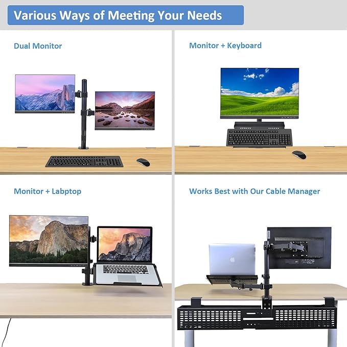 AEONS Monitor and Laptop Desk Mount Combo Stand with Notebook Tray fits 17 inch, 2-in-1 Adjustable Dual Arm Mount fits up to 32 inch LCD Screen with VESA, Clamp and Cable Management, Black
