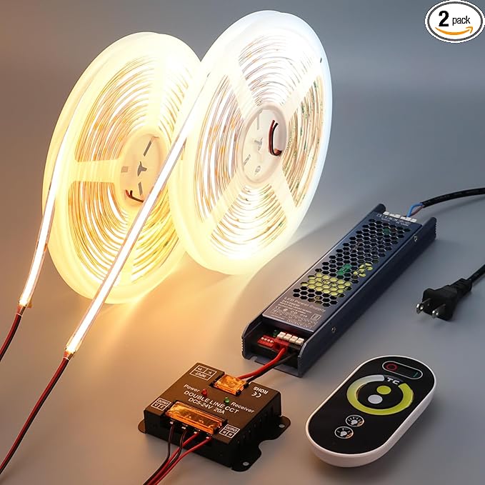 24V CCT COB LED Strip Lights Kit 65.6ft (2 Rolls of 32.8ft), 2700K-6500K Dimmable White Cuttable LED Tape Light CRI 93 with Remote Controller and Power Supply for Bedroom Indoor Decoration