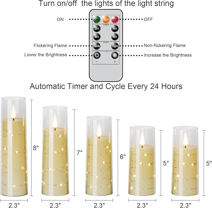 LED Flickering Candles with Remote Timer,Glass Flamless Pillar Candles Real Wax with 3D Wick Realistic,Warmth Decoration for Wedding Home Festival (Clear)