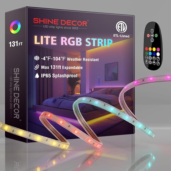Shine Decor RGB LED Strip Light with Remote, Cold Resistant IP65 Waterproof Outdoor Colorful Strip Lighting 120V, Connectable Lite Multicolor Strip Lights 7x13mm, 131 FT 1200 LEDs ETL Listed