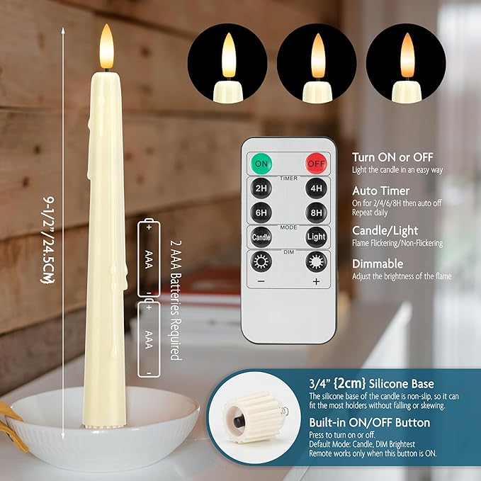 Dripless Flameless Taper Candles with Remote, Real Wax Battery Operated LED Candles Set with 3D Flickering Flame, 9.6" Realistic Dripless Candlesticks for Wedding Home Decor, 3 Pack Ivory