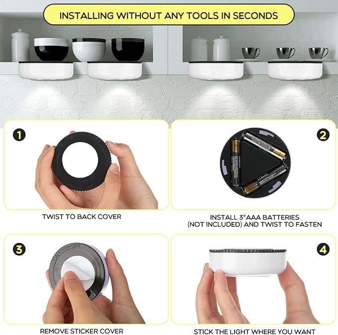 Macarrie 12 Pack Wireless LED Puck Lights, Under Cabinet Lighting, 70 Lumens Portable Touch Light, Stick on Battery Powered, for Kitchen Closets Cabinets Garage Bedroom Shelf(Classic Style)