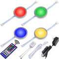 RGBWW Under & Above Shelf Light, Round LED Puck for Accent & Ambient Lighting, Color Changing & True Warm White, Remote Dimmable, Daisy Chain Linkable, 110 Volt Wall Plugged in, 4 Lights