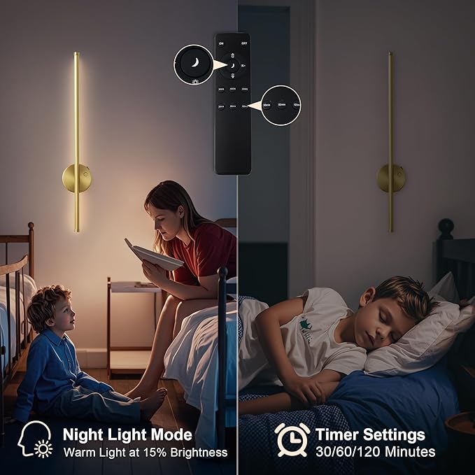 Motion Sensor Battery Operated Wall Sconce Set of Two - Modern Rechargeable Wireless Wall Lights with Remote Control, Dimmable, 3000K/4000K/6000K, Timer for Living Room, Hallway,23.6 Inch, Brass