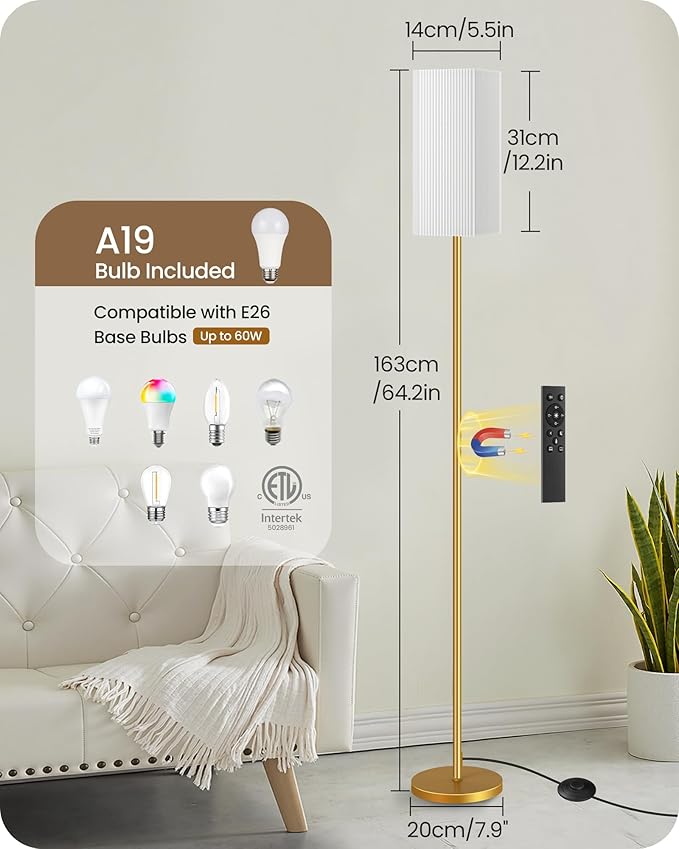64.2” Dimmable Floor Lamp for Living Room with Remote and Foot Switch, Corner Floor Lamp for Bedroom, Includes 10W A19 Bulb, Modern Standing Tall Lamp, ETL Listed, White and Gold DCW17LD05