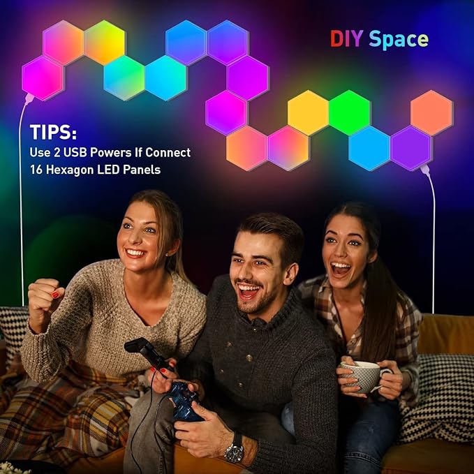 TISOFU Hexagon Lights (8 Pack) LED Wall Panels, RGB Gaming Lights with APP, Smart Modular Panel Hex Tiles Push Glide Expansion Shapes Light