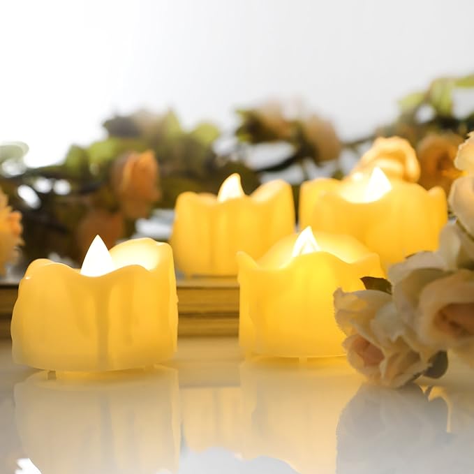 12 Battery Operated Flameless LED Votive Tealight Candles with Timer Realistic Flickering Electric Tea Lights Set Bulk Baptism Wedding Party Decoration Kitchen Home Decor Centerpieces Batteries Incl.