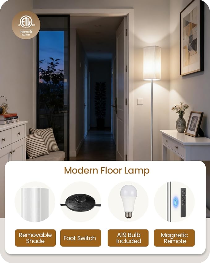 64.2''Dimmable Floor Lamp for Living Room with Remote and Foot Switch, Corner Floor Lamp for Bedroom, Includes 10W A19 Bulb, Modern Standing Tall Lamp, ETL Listed, Silver and White SCW17LD05