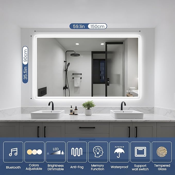 STARLEAD 59"x36" LED Bathroom Mirror with Bluetooth Speaker, 3 Color Temperature, Stepless Dimming, Anti-Fog, Touch Control, Wall-Mounted Vanity Mirror, Vertical or Horizontal