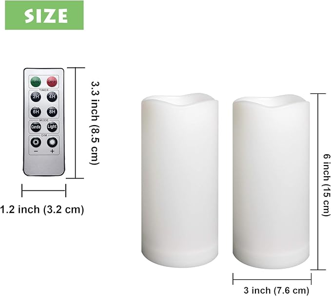 2 Pack Outdoor Flameless Pillar Candles with Remote and Timer Waterproof Battery Operated Electric LED Candle Set for Gift Home Décor Party Wedding Supplies Garden Christmas Decoration, 3” x 6”
