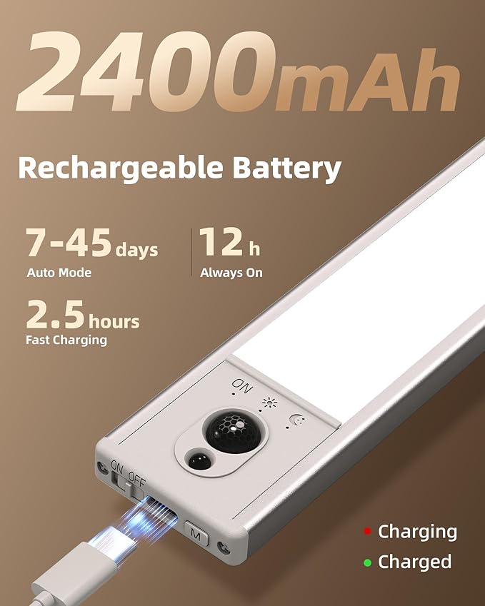 EZVALO 3-Pack Under Cabinet Lighting, 2400mAh Motion Sensor Light, LED Closet Lights Wireless, 3000K Dimmable, Timer, Magnetic, with Remote Control for Kitchen, Closet, Stair